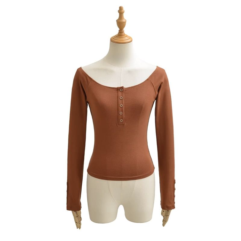 Scoop Neck Henley Long Sleeve Tee