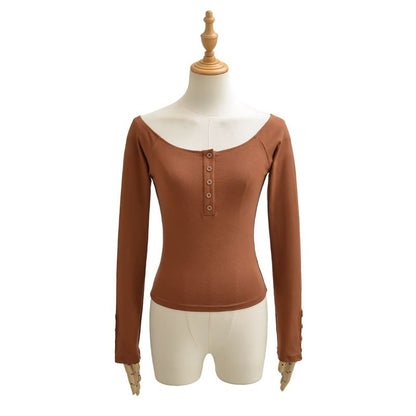 Scoop Neck Henley Long Sleeve Tee