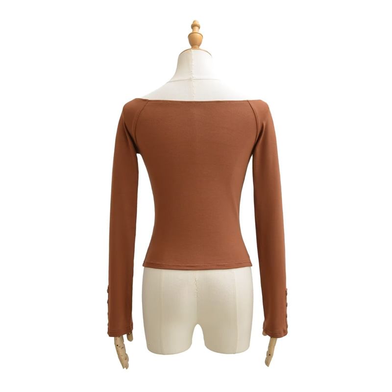 Scoop Neck Henley Long Sleeve Tee