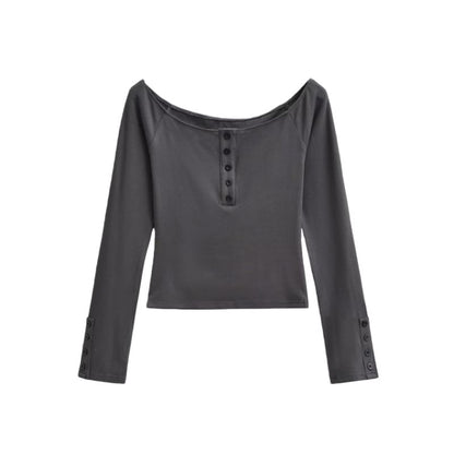 Scoop Neck Henley Long Sleeve Tee