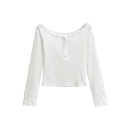 Scoop Neck Henley Long Sleeve Tee