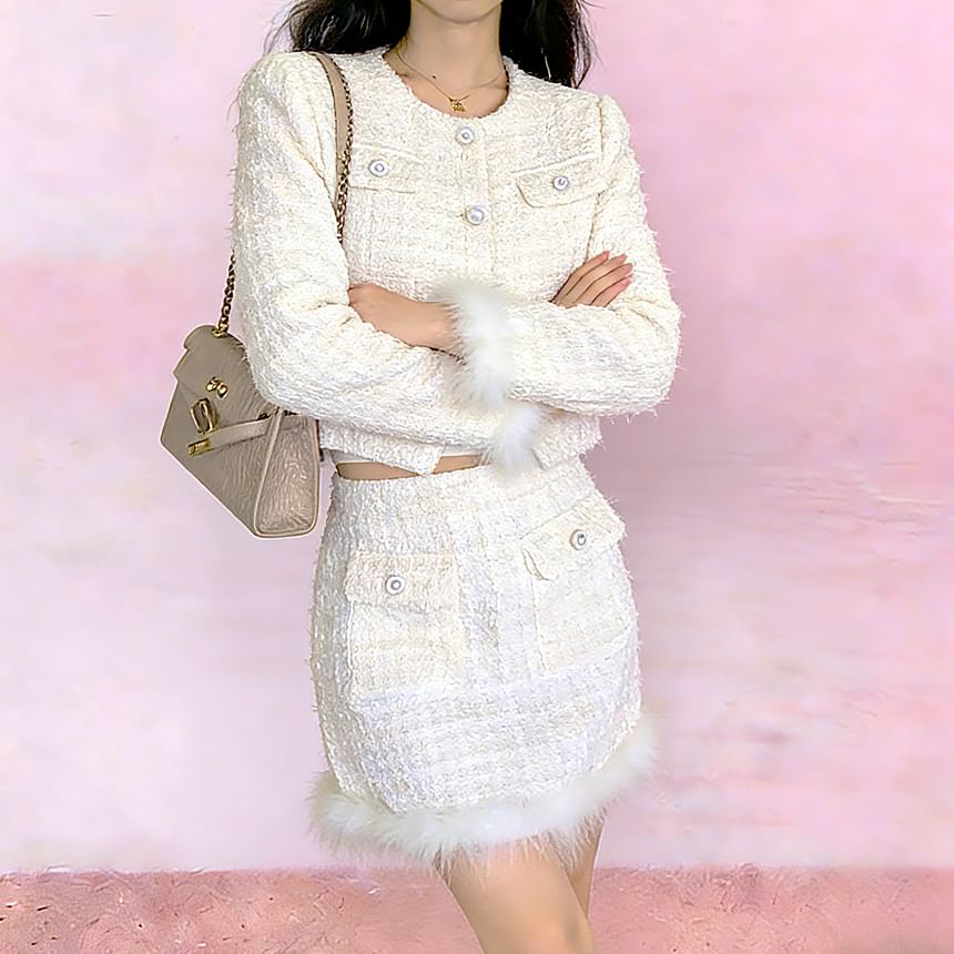 Fluffy Trim Tweed Jacket with Mini Skirt Set