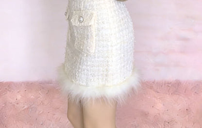 Fluffy Trim Tweed Jacket with Mini Skirt Set