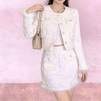 Fluffy Trim Tweed Jacket with Mini Skirt Set