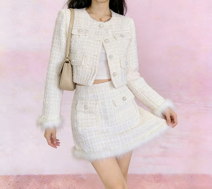 Fluffy Trim Tweed Jacket with Mini Skirt Set