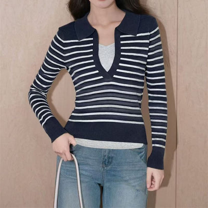 Breton Stripe Collared Crop Knit Top