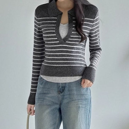 Breton Stripe Collared Crop Knit Top