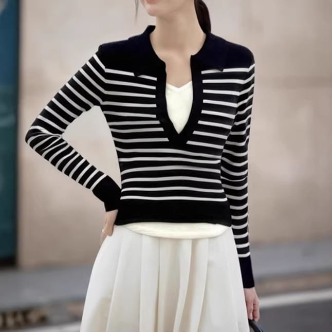 Breton Stripe Collared Crop Knit Top