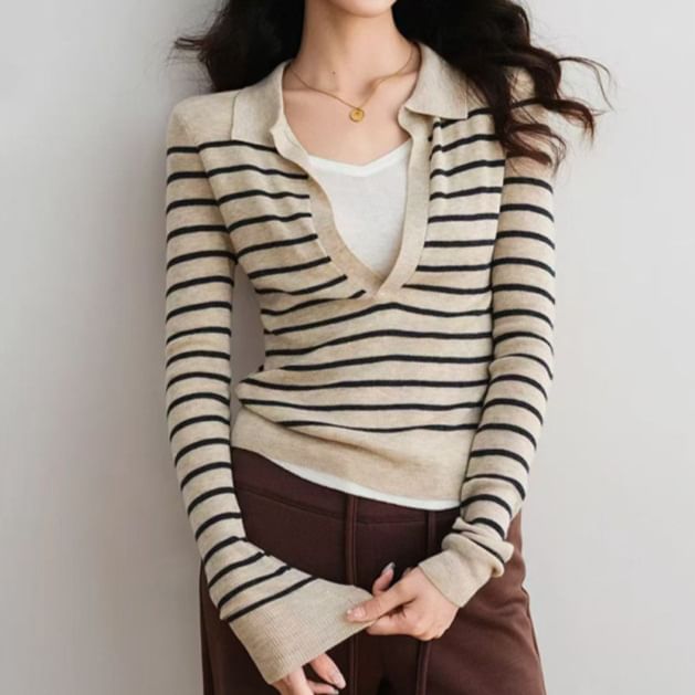 Breton Stripe Collared Crop Knit Top