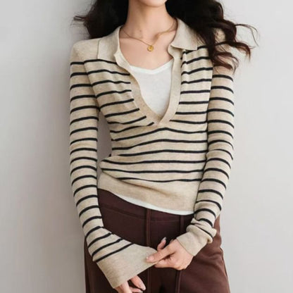 Breton Stripe Collared Crop Knit Top