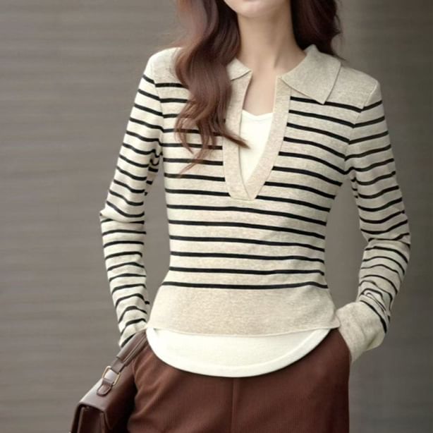 Breton Stripe Collared Crop Knit Top