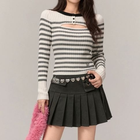 Cutout Striped Long Sleeve Knit Top