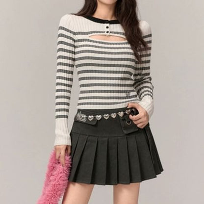 Cutout Striped Long Sleeve Knit Top