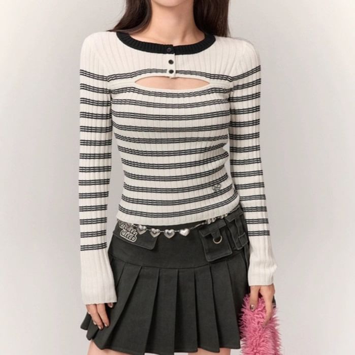 Cutout Striped Long Sleeve Knit Top