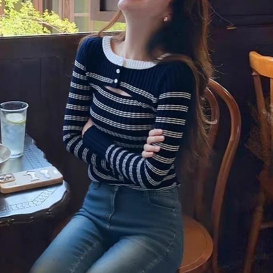 Cutout Striped Long Sleeve Knit Top
