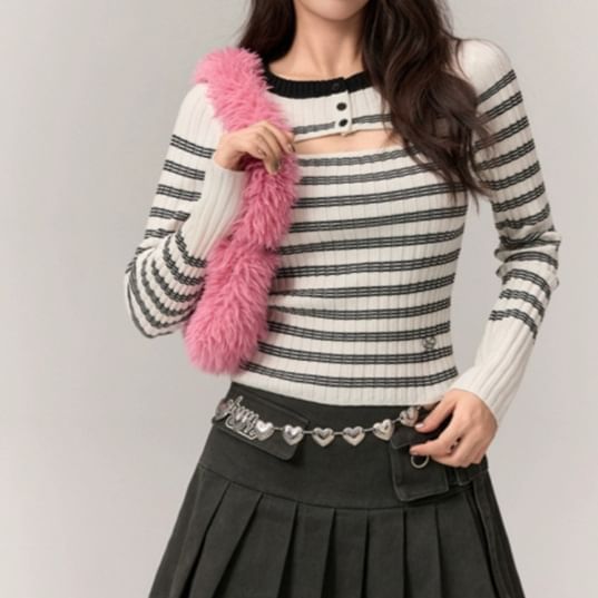 Cutout Striped Long Sleeve Knit Top