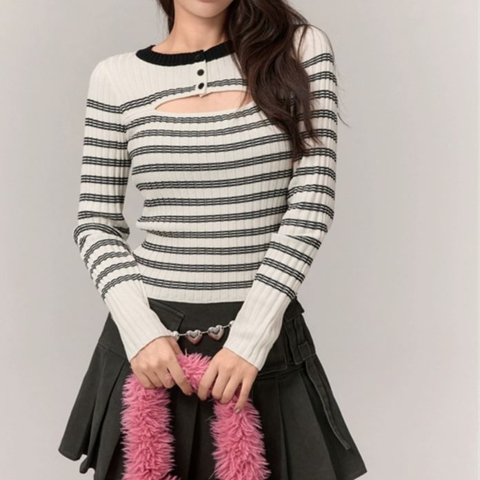 Cutout Striped Long Sleeve Knit Top
