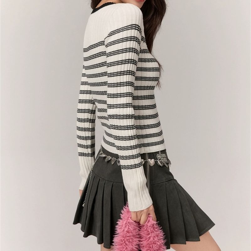 Cutout Striped Long Sleeve Knit Top