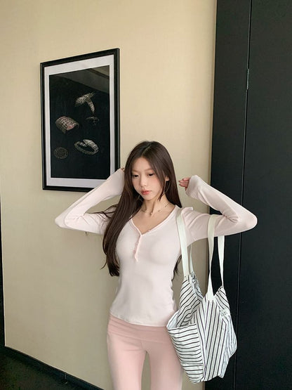 V-Neck Half Button Long Sleeve Top
