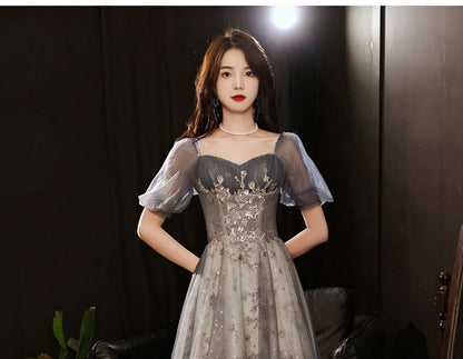 Short Sleeve Sweetheart Neck Sequin Floral Embroidered Mesh A-Line Evening Gown