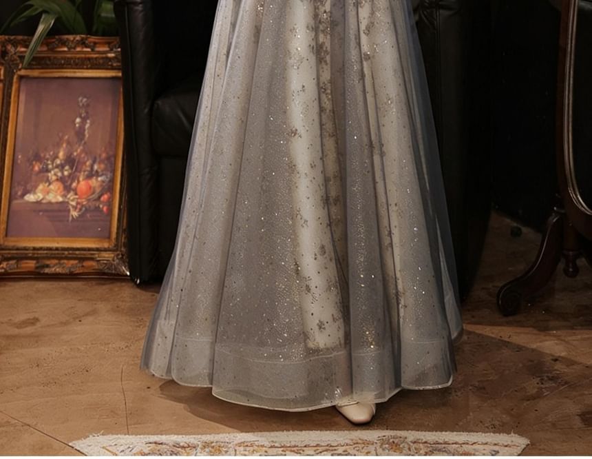 Short Sleeve Sweetheart Neck Sequin Floral Embroidered Mesh A-Line Evening Gown