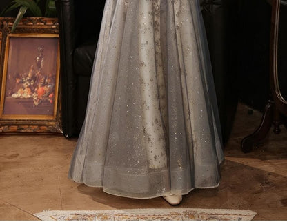 Short Sleeve Sweetheart Neck Sequin Floral Embroidered Mesh A-Line Evening Gown