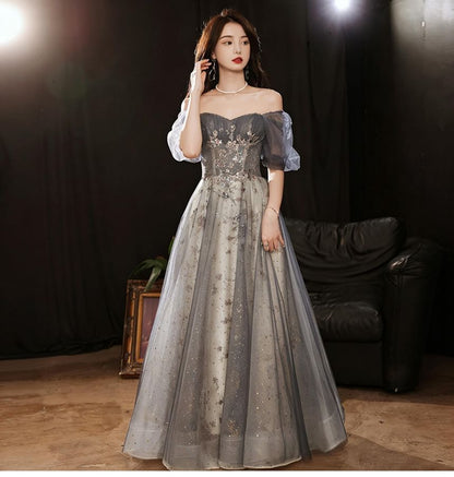 Short Sleeve Sweetheart Neck Sequin Floral Embroidered Mesh A-Line Evening Gown