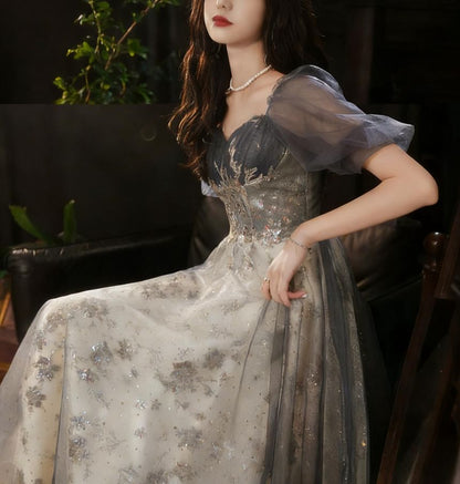 Short Sleeve Sweetheart Neck Sequin Floral Embroidered Mesh A-Line Evening Gown