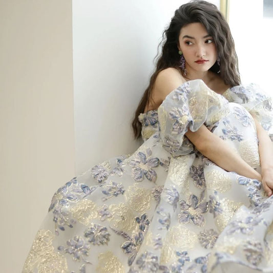 Set: Floral Jacquard A-Line Tube Evening Gown + Detachable Sleeve