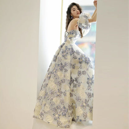 Set: Floral Jacquard A-Line Tube Evening Gown + Detachable Sleeve