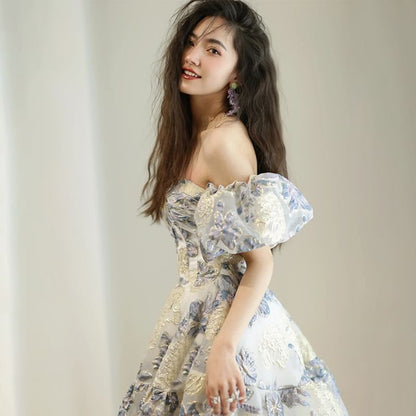 Set: Floral Jacquard A-Line Tube Evening Gown + Detachable Sleeve