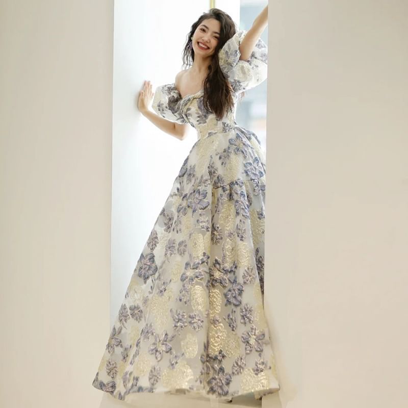 Set: Floral Jacquard A-Line Tube Evening Gown + Detachable Sleeve