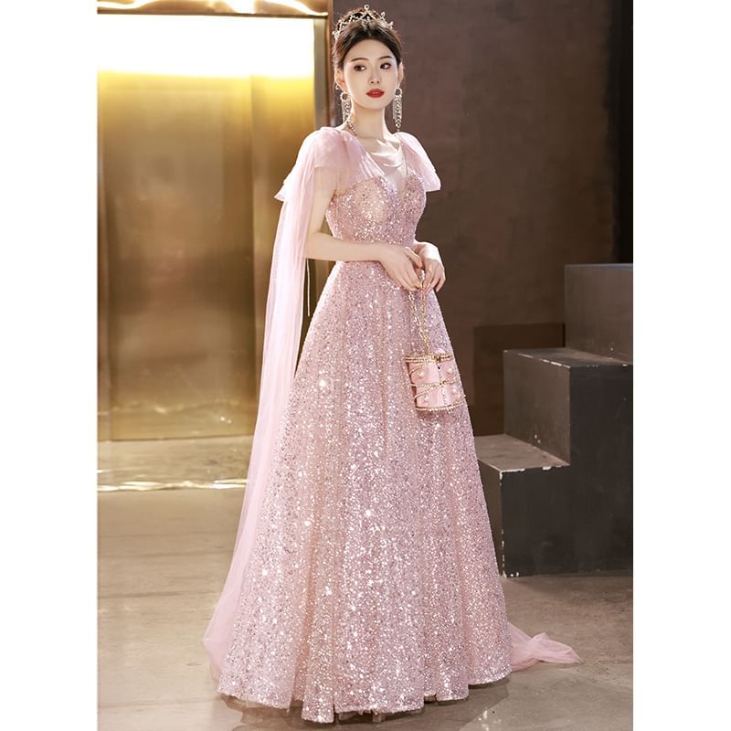 Sleeveless Round Neck Sequin Bow Panel Mesh A-Line Evening Gown