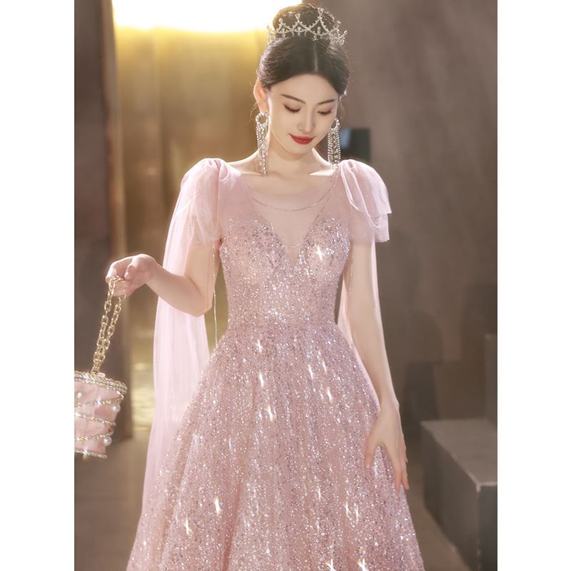 Sleeveless Round Neck Sequin Bow Panel Mesh A-Line Evening Gown