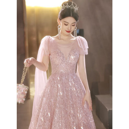 Sleeveless Round Neck Sequin Bow Panel Mesh A-Line Evening Gown