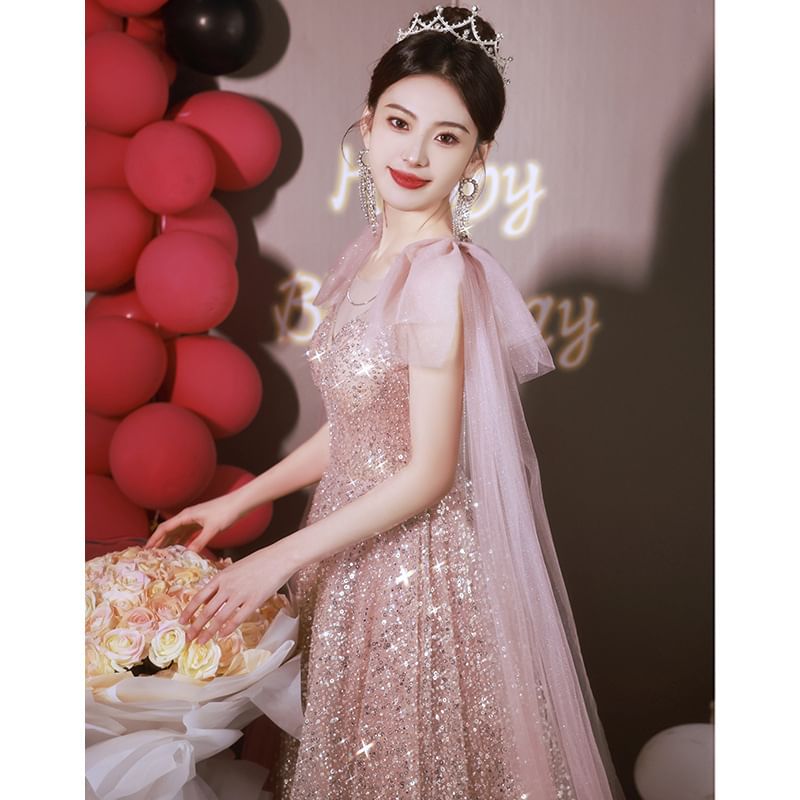 Sleeveless Round Neck Sequin Bow Panel Mesh A-Line Evening Gown