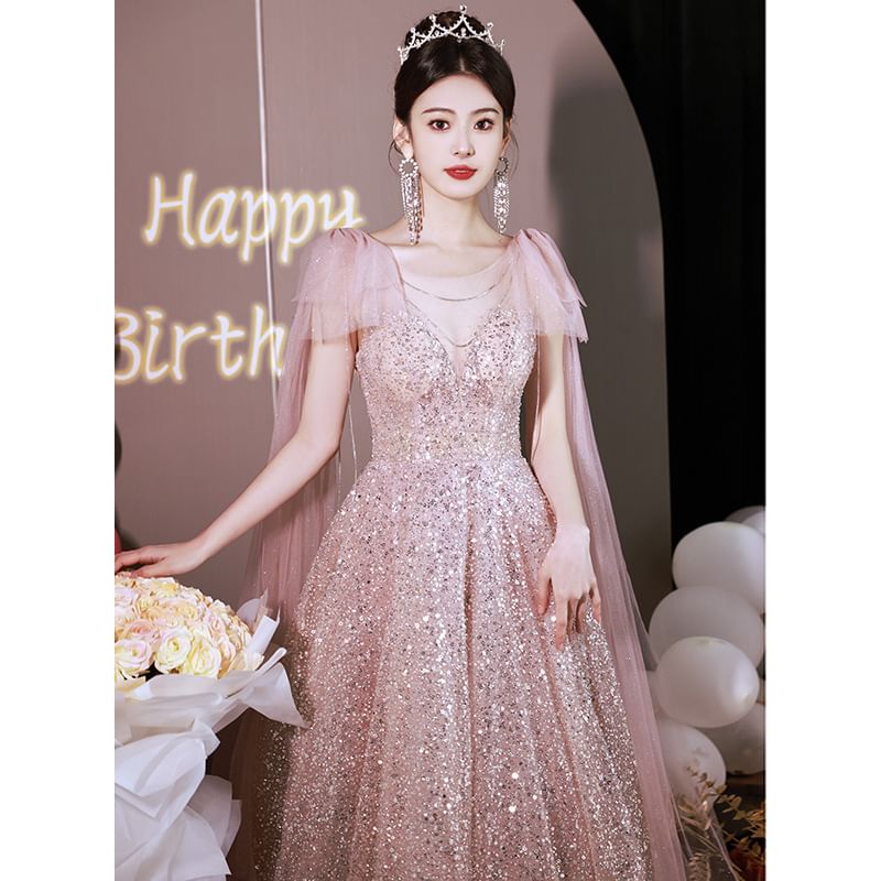 Sleeveless Round Neck Sequin Bow Panel Mesh A-Line Evening Gown