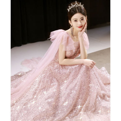 Sleeveless Round Neck Sequin Bow Panel Mesh A-Line Evening Gown