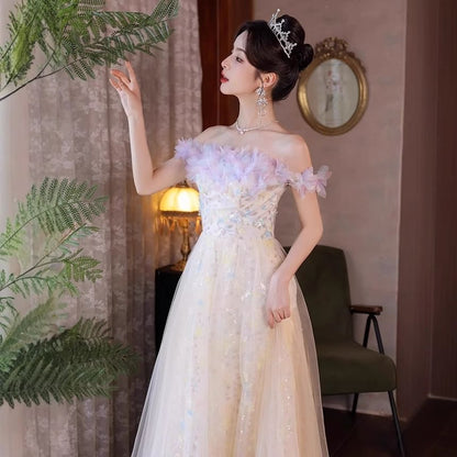 Sleeveless Off Shoulder Floral Print Petal Trim Mesh A-Line Evening Gown