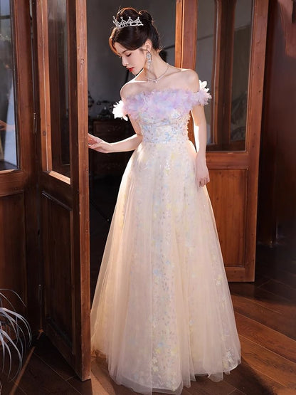 Sleeveless Off Shoulder Floral Print Petal Trim Mesh A-Line Evening Gown