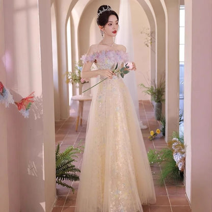 Sleeveless Off Shoulder Floral Print Petal Trim Mesh A-Line Evening Gown