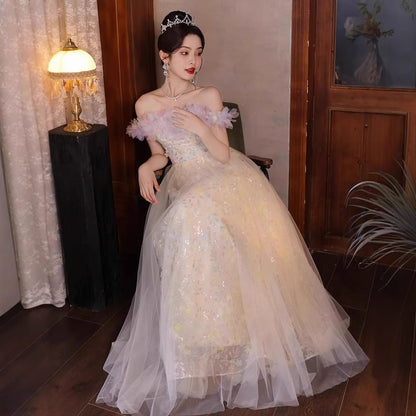 Sleeveless Off Shoulder Floral Print Petal Trim Mesh A-Line Evening Gown