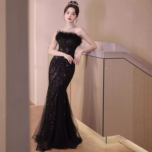 Set: Plain Sequin Fluffy Trim Panel Mesh Trumpet Tube Evening Gown + Detachable Sleeve