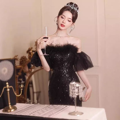 Set: Plain Sequin Fluffy Trim Panel Mesh Trumpet Tube Evening Gown + Detachable Sleeve