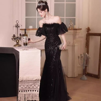 Set: Plain Sequin Fluffy Trim Panel Mesh Trumpet Tube Evening Gown + Detachable Sleeve