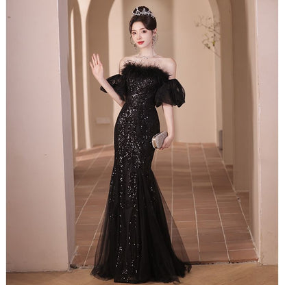 Set: Plain Sequin Fluffy Trim Panel Mesh Trumpet Tube Evening Gown + Detachable Sleeve