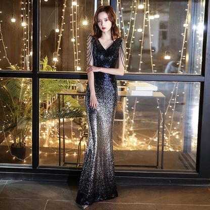 Sleeveless V-Neck Gradient Sequin Beaded Strand Trumpet Evening Gown