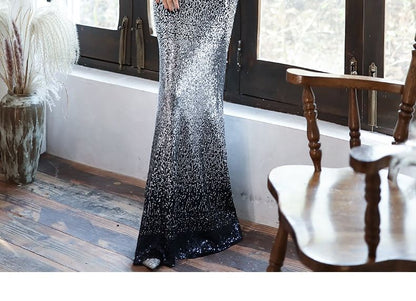 Sleeveless V-Neck Gradient Sequin Beaded Strand Trumpet Evening Gown