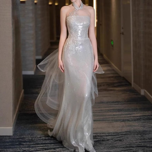 Halter Mandarin Collar Sequin Panel Mesh Trumpet Evening Gown