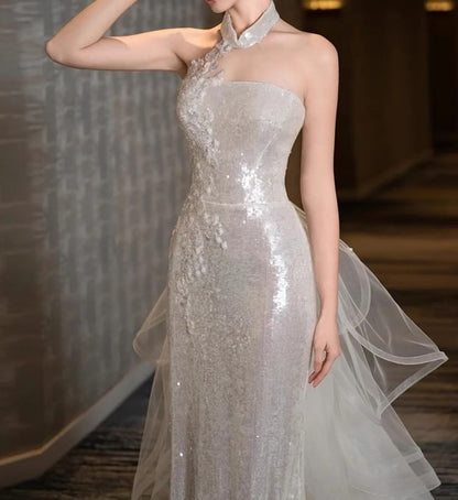 Halter Mandarin Collar Sequin Panel Mesh Trumpet Evening Gown